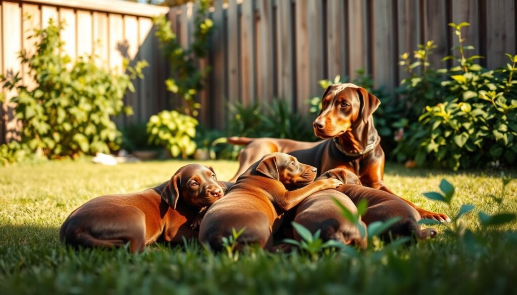 A warm, sun-drenched backyard setting, a Doberman brown dog family relaxing together. In the foreground, the parent Doberman attentively watches over their playful puppies, their rich mahogany coats gleaming. The pups wrestle and tumble with joyful energy, their movement captured with a shallow depth of field. In the middle ground, the family is surrounded by lush, verdant foliage, creating a cozy, intimate atmosphere. The background features a wooden fence, casting gentle shadows that add depth and dimension. The lighting is soft and diffused, highlighting the dogs' expressive faces and emphasizing the tranquil, familial bond between them. A warm, sun-drenched backyard setting, a Doberman brown dog family relaxing together. In the foreground, the parent Doberman attentively watches over their playful puppies, their rich mahogany coats gleaming. The pups wrestle and tumble with joyful energy, their movement captured with a shallow depth of field. In the middle ground, the family is surrounded by lush, verdant foliage, creating a cozy, intimate atmosphere. The background features a wooden fence, casting gentle shadows that add depth and dimension. The lighting is soft and diffused, highlighting the dogs' expressive faces and emphasizing the tranquil, familial bond between them.