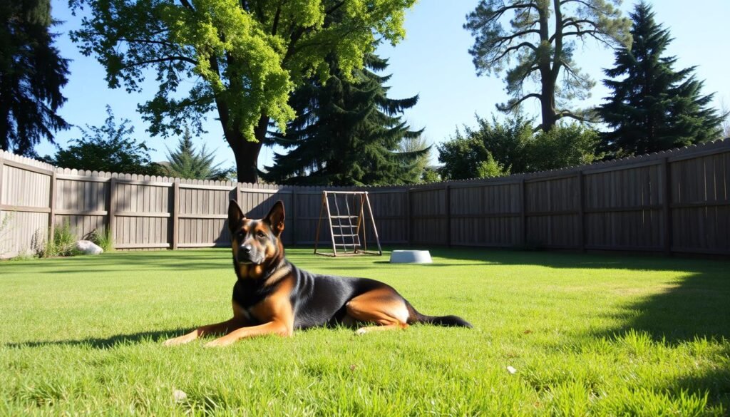 A well-fenced, spacious yard with lush greenery, surrounded by a rustic wooden fence. In the foreground, a German Shepherd Doberman mix dog lounges contentedly, its alert gaze scanning the environment. The yard is bathed in soft, natural lighting, creating a tranquil, inviting atmosphere. In the middle ground, a sturdy play structure and a water bowl cater to the dog's exercise and hydration needs. The background features towering trees and a clear, blue sky, suggesting ample space and a serene outdoor setting. This image reflects the ideal living environment for a German Shepherd Doberman mix, highlighting the breed's need for a secure, stimulating, and comfortable outdoor space.