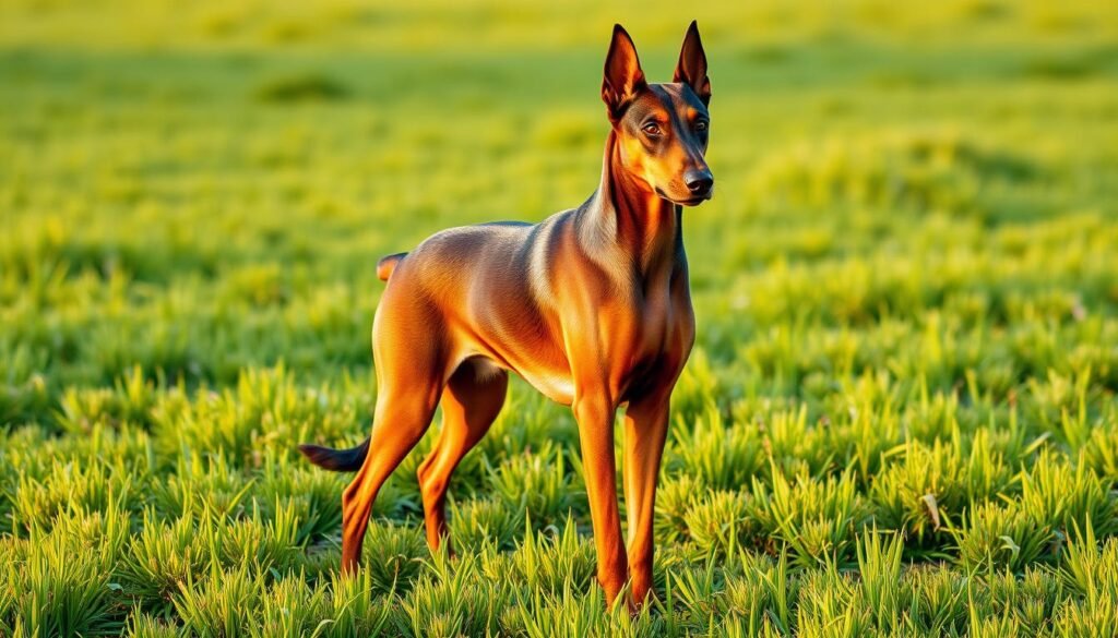 A well-groomed Doberman Alsatian mix stands confidently in a lush, verdant field, its coat shimmering in the warm, golden afternoon light. The dog's muscular build and alert posture convey strength and intelligence, while its distinctive features - the pointed ears, tapered muzzle, and deep, soulful eyes - hint at its unique heritage. The mix of Doberman and German Shepherd characteristics results in a striking appearance, with a sleek, short-haired coat in a captivating blend of colors, ranging from rich chestnut to soft silver-gray. This majestic canine exudes an air of loyalty and devotion, embodying the perfect balance of power and grace.
