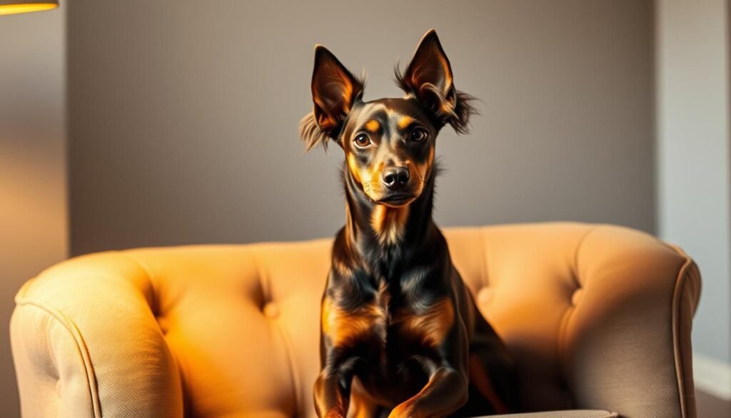 A well-groomed Doberman Chihuahua mix dog, sitting gracefully on a plush, tufted armchair. The dog's coat is a striking blend of sleek, short Doberman fur and fluffy, wavy Chihuahua tresses, creating a unique and endearing appearance. The lighting is warm and ambient, casting a soft, golden glow on the dog's face, highlighting its expressive eyes and alert expression. The background is a cozy, minimalist living room setting, with clean lines and muted colors that allow the dog to be the central focus of the image. The overall composition is balanced and visually appealing, capturing the essence of this distinctive mixed-breed canine.
