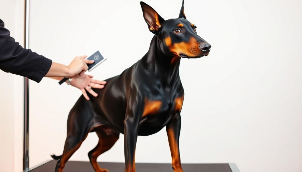 A well-groomed Doberman Pinscher standing on a grooming table, its sleek black and tan coat glistening under warm studio lighting. The dog's alert expression reflects the attentive care of its groomer, who is using a specialized brush to meticulously groom the animal's fur. The background is a minimalist studio setting, with clean white walls and a subtle gradient backdrop, allowing the dog's striking appearance to be the focal point. The overall scene conveys a sense of professionalism, attention to detail, and the importance of proper grooming for this elegant and powerful breed. A well-groomed Doberman Pinscher standing on a grooming table, its sleek black and tan coat glistening under warm studio lighting. The dog's alert expression reflects the attentive care of its groomer, who is using a specialized brush to meticulously groom the animal's fur. The background is a minimalist studio setting, with clean white walls and a subtle gradient backdrop, allowing the dog's striking appearance to be the focal point. The overall scene conveys a sense of professionalism, attention to detail, and the importance of proper grooming for this elegant and powerful breed.