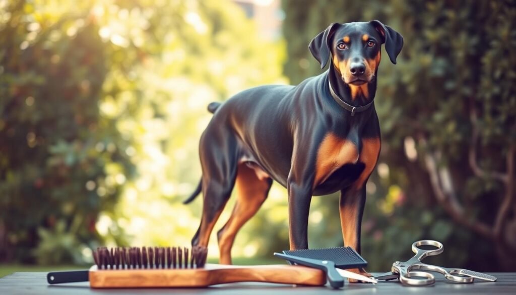 A well-groomed Doberman Rottweiler mix dog standing in a bright, sun-dappled outdoor setting. The dog's sleek, muscular body is neatly trimmed, its glossy black and tan coat shimmering. In the foreground, grooming tools such as a brush, comb, and scissors are artfully arranged, suggesting the care and attention required to maintain this hybrid breed's distinctive appearance. The background features a lush, verdant garden, creating a serene and natural atmosphere that complements the dog's regal presence. Soft, diffused lighting illuminates the scene, highlighting the dog's confident pose and the grooming process as an essential part of its care. A well-groomed Doberman Rottweiler mix dog standing in a bright, sun-dappled outdoor setting. The dog's sleek, muscular body is neatly trimmed, its glossy black and tan coat shimmering. In the foreground, grooming tools such as a brush, comb, and scissors are artfully arranged, suggesting the care and attention required to maintain this hybrid breed's distinctive appearance. The background features a lush, verdant garden, creating a serene and natural atmosphere that complements the dog's regal presence. Soft, diffused lighting illuminates the scene, highlighting the dog's confident pose and the grooming process as an essential part of its care.