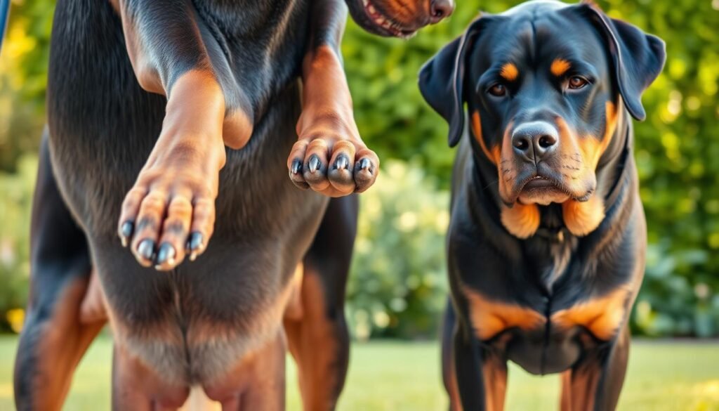 A well-groomed Doberman and Rottweiler stand side-by-side, their coats shining under the warm, natural lighting. In the foreground, the dogs' paws are visible as they lean in close, their heads tilted towards each other, suggesting a gentle, affectionate interaction. The middle ground depicts the dogs' muscular, athletic builds, emphasizing their similar physiques. In the background, a lush, green garden setting provides a serene, calming atmosphere, hinting at the relaxed mood of the grooming session. The image conveys the close bond and shared grooming needs of these two powerful, intelligent breeds.