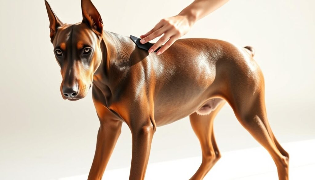 A well-groomed brown Doberman standing in a bright, sunlit studio, its short, glossy coat shimmering. The dog is being carefully brushed by a skilled groomer, using long, gentle strokes to remove any loose hair. The groomer's hands are focused and attentive, their movements smooth and practiced. The Doberman's expression is calm and relaxed, conveying the comfort and trust it feels during the grooming session. The background is a clean, minimalist set, allowing the dog and groomer to be the central focus of the image, highlighting the importance of regular grooming for maintaining a Doberman's stunning brown coat. A well-groomed brown Doberman standing in a bright, sunlit studio, its short, glossy coat shimmering. The dog is being carefully brushed by a skilled groomer, using long, gentle strokes to remove any loose hair. The groomer's hands are focused and attentive, their movements smooth and practiced. The Doberman's expression is calm and relaxed, conveying the comfort and trust it feels during the grooming session. The background is a clean, minimalist set, allowing the dog and groomer to be the central focus of the image, highlighting the importance of regular grooming for maintaining a Doberman's stunning brown coat.