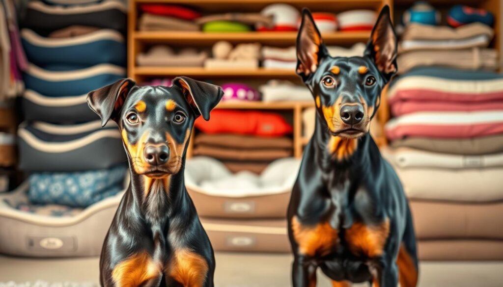 A well-lit comparison of a Doberman puppy from a reputable breeder and an adult Doberman from a local animal shelter, against a backdrop of neatly stacked dog supplies and accessories. The breeder pup is positioned in the foreground, their glossy coat and alert expression showcasing their healthy, vibrant appearance. The shelter dog stands in the middle ground, their gaze conveying a sense of resilience and gratitude. The background is filled with an array of high-quality pet beds, toys, and grooming tools, subtly highlighting the varying costs associated with owning a Doberman from different sources. The lighting is soft and warm, creating a welcoming atmosphere that emphasizes the importance of responsible pet ownership and the value of adopting rescues.