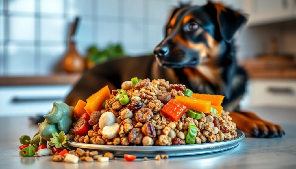 A well-lit, high-resolution photograph of a balanced, nutritious dog food dish for a Doberman and German Shepherd mix, set against a clean, minimalist kitchen backdrop. The dish contains a variety of high-quality, natural ingredients such as lean protein sources, whole grains, fresh vegetables, and healthy fats. The lighting is warm and inviting, highlighting the vibrant colors and textures of the food. The image conveys a sense of care, attention to detail, and a commitment to the optimal health and well-being of the mixed-breed canine subject.