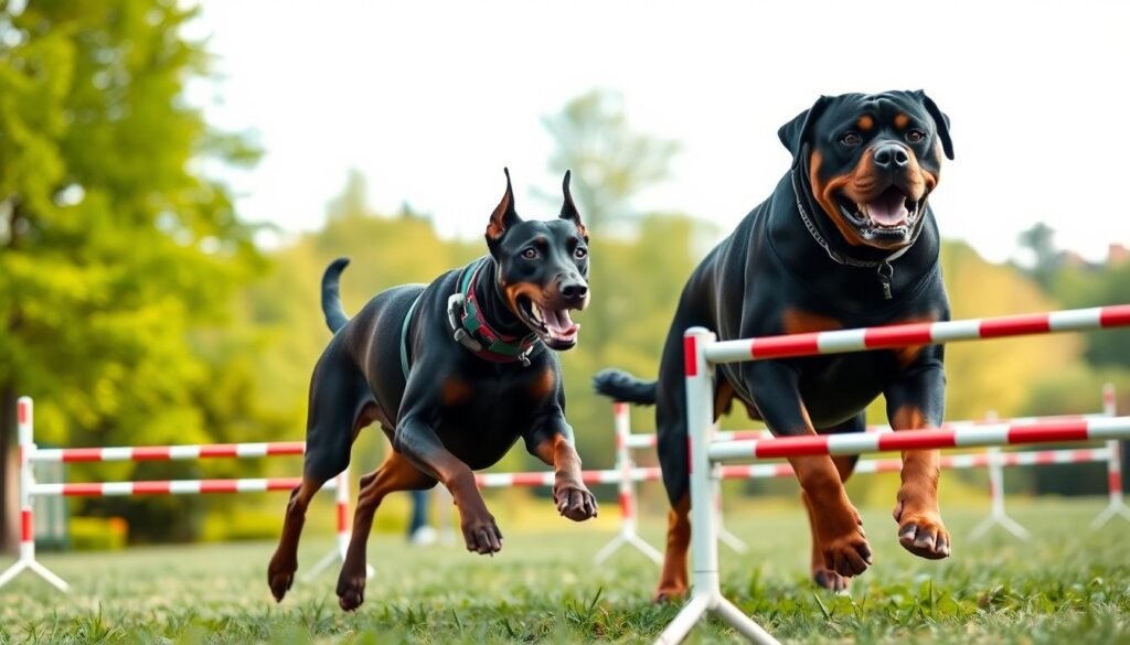 A well-lit outdoor scene showing a Doberman and a Rottweiler engaged in dynamic physical exercise. The Doberman, with its sleek, muscular frame, is energetically running alongside the larger, sturdier Rottweiler. Both dogs have a determined expression as they navigate an obstacle course of agility equipment, such as hurdles and weave poles. The background features a lush, verdant park setting with vibrant greenery and a clear sky. Soft, diffused lighting casts a warm, natural glow on the scene, highlighting the dogs' powerful movements and the overall sense of physical vigor and activity.