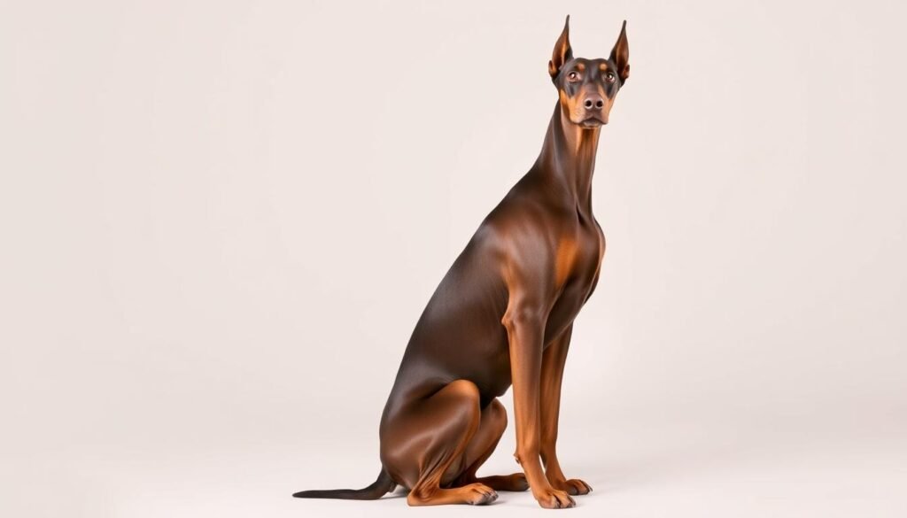 A well-lit studio scene with a brown Doberman dog posing against a neutral backdrop. The dog is sitting upright, its glossy coat and alert expression capturing the breed's intelligence and regal bearing. The lighting is natural, slightly from the side, accentuating the dog's muscular frame and dignified features. The background is a simple, uncluttered off-white or light gray, allowing the Doberman to be the focal point. The composition is clean and balanced, showcasing the dog in a way that highlights its unique characteristics and addresses the "FAQs About Brown Dobermans" subject matter. A well-lit studio scene with a brown Doberman dog posing against a neutral backdrop. The dog is sitting upright, its glossy coat and alert expression capturing the breed's intelligence and regal bearing. The lighting is natural, slightly from the side, accentuating the dog's muscular frame and dignified features. The background is a simple, uncluttered off-white or light gray, allowing the Doberman to be the focal point. The composition is clean and balanced, showcasing the dog in a way that highlights its unique characteristics and addresses the "FAQs About Brown Dobermans" subject matter.