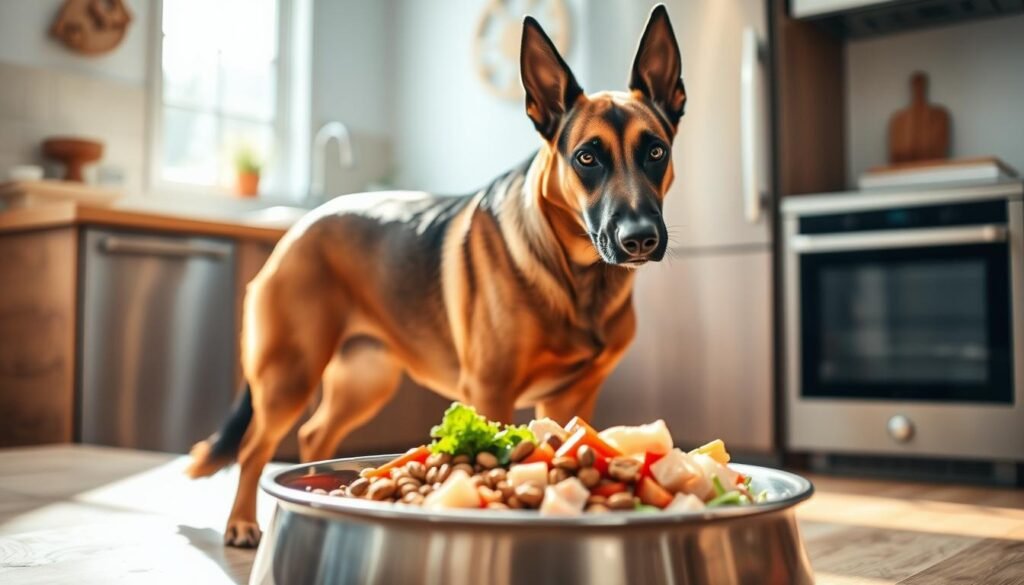 A well-nourished German Shepherd Doberman mix standing in a sun-dappled kitchen, its sleek coat gleaming. The dog's muscular frame is highlighted by soft, diffused lighting that accentuates its powerful build. In the foreground, a stainless steel bowl filled with a balanced mix of high-quality kibble, fresh vegetables, and lean protein. The background features stainless steel appliances and natural wood accents, creating a modern, clean aesthetic. The overall scene conveys the importance of proper nutrition for this active, intelligent hybrid breed.