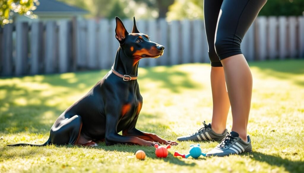 A well-trained Ben Doberman sits attentively, its short, glossy coat gleaming under the soft natural light of a sun-dappled backyard. The dog's intelligent gaze is focused on its owner, a person clad in casual athletic wear, as they guide the Doberman through a series of obedience commands. In the middle ground, a few simple training toys and treats are neatly arranged, ready to reward the dog's good behavior. The background features a lush, green lawn and a wooden fence, creating a peaceful, suburban setting conducive to the training session. The overall scene conveys a sense of harmony, trust, and the strong bond between the Ben Doberman and its dedicated owner. A well-trained Ben Doberman sits attentively, its short, glossy coat gleaming under the soft natural light of a sun-dappled backyard. The dog's intelligent gaze is focused on its owner, a person clad in casual athletic wear, as they guide the Doberman through a series of obedience commands. In the middle ground, a few simple training toys and treats are neatly arranged, ready to reward the dog's good behavior. The background features a lush, green lawn and a wooden fence, creating a peaceful, suburban setting conducive to the training session. The overall scene conveys a sense of harmony, trust, and the strong bond between the Ben Doberman and its dedicated owner.