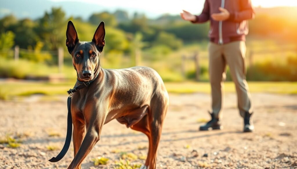 A well-trained Doberman Alsatian mix standing alert, its muscular frame and intense gaze showcasing its intelligence and obedience. The dog is positioned in a spacious, sun-dappled training area, with a handler in the middle distance providing gentle commands. The background features lush greenery and a slightly blurred, serene landscape, creating a sense of focus and tranquility. Soft, warm lighting illuminates the scene, casting subtle shadows that accentuate the dog's strong features. The overall composition conveys the harmony and trust between the canine and its handler, highlighting the successful training process.