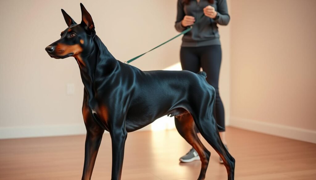 A well-trained Doberman Pinscher stands alert, its gleaming black coat catching the soft, warm light of an indoor training room. The dog's muscular form is poised, ears perked, eyes focused intently on its handler, who stands several feet away, reward in hand. The handler, dressed in comfortable athletic wear, gently guides the dog through a series of commands, their movements in perfect sync. The background is minimalist, with clean hardwood floors and neutral-toned walls, allowing the Doberman's striking appearance and the training session to take center stage. The overall atmosphere is one of discipline, trust, and the strong bond between canine and human. A well-trained Doberman Pinscher stands alert, its gleaming black coat catching the soft, warm light of an indoor training room. The dog's muscular form is poised, ears perked, eyes focused intently on its handler, who stands several feet away, reward in hand. The handler, dressed in comfortable athletic wear, gently guides the dog through a series of commands, their movements in perfect sync. The background is minimalist, with clean hardwood floors and neutral-toned walls, allowing the Doberman's striking appearance and the training session to take center stage. The overall atmosphere is one of discipline, trust, and the strong bond between canine and human.