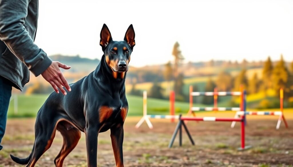 A well-trained Doberman x Shepherd hybrid stands attentively, its muscular frame and alert gaze conveying strength and intelligence. In the foreground, the canine's owner guides it through a series of obedience commands, their hands moving with practiced precision. The middle ground reveals a meticulously maintained training ground, with obstacles and agility equipment arranged in an orderly fashion. In the background, a verdant landscape of rolling hills and towering trees sets a serene, natural backdrop, the soft, diffused lighting casting a warm, golden glow over the scene. This image captures the harmonious partnership between the unique crossbreed and its dedicated handler, embodying the essential training required to harness the breed's remarkable abilities. A well-trained Doberman x Shepherd hybrid stands attentively, its muscular frame and alert gaze conveying strength and intelligence. In the foreground, the canine's owner guides it through a series of obedience commands, their hands moving with practiced precision. The middle ground reveals a meticulously maintained training ground, with obstacles and agility equipment arranged in an orderly fashion. In the background, a verdant landscape of rolling hills and towering trees sets a serene, natural backdrop, the soft, diffused lighting casting a warm, golden glow over the scene. This image captures the harmonious partnership between the unique crossbreed and its dedicated handler, embodying the essential training required to harness the breed's remarkable abilities.