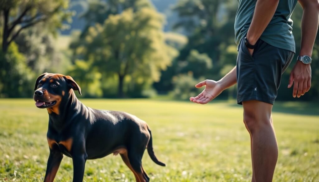 A well-trained rottweiler-doberman mix puppy stands obediently in a sunlit training yard, its muscular frame and alert expression conveying a sense of power and intelligence. In the middle ground, the owner, dressed in casual athletic attire, demonstrates a hand signal, guiding the puppy through a series of precise commands. The background features a lush, verdant landscape dotted with mature trees, creating a serene and natural environment for this training session. Soft, diffused lighting bathes the scene, highlighting the puppy's sleek, glossy coat and the owner's focused gaze. The overall mood is one of harmony, discipline, and the strong bond between human and canine. A well-trained rottweiler-doberman mix puppy stands obediently in a sunlit training yard, its muscular frame and alert expression conveying a sense of power and intelligence. In the middle ground, the owner, dressed in casual athletic attire, demonstrates a hand signal, guiding the puppy through a series of precise commands. The background features a lush, verdant landscape dotted with mature trees, creating a serene and natural environment for this training session. Soft, diffused lighting bathes the scene, highlighting the puppy's sleek, glossy coat and the owner's focused gaze. The overall mood is one of harmony, discipline, and the strong bond between human and canine.