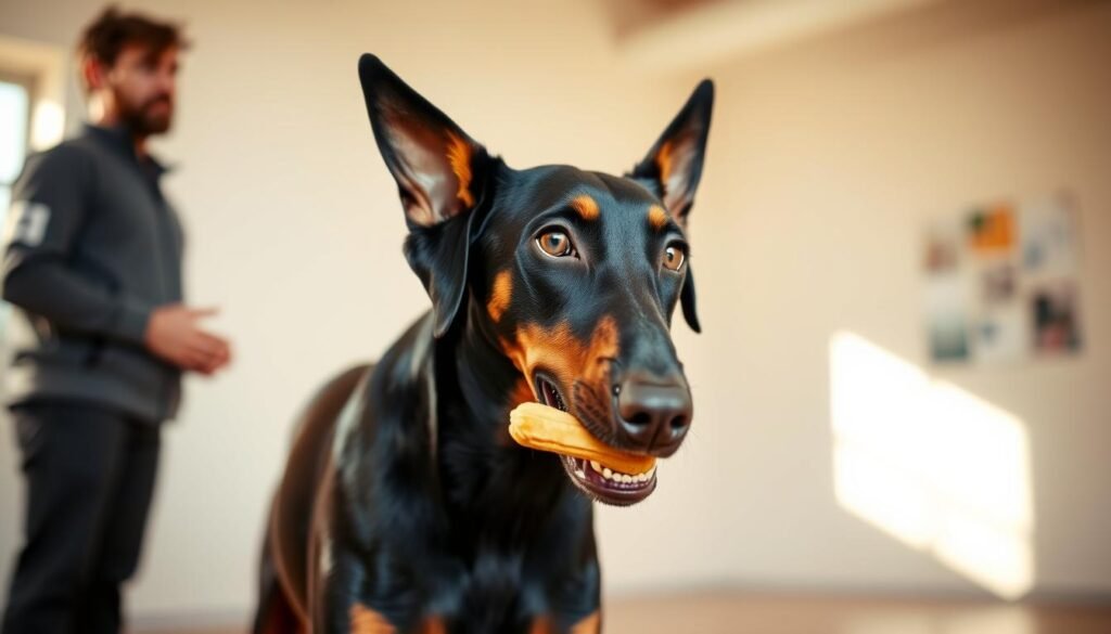 A young Doberman Labrador mix dog, with a sleek black coat and alert eyes, stands attentively in a well-lit training room. The dog's muscles are toned, indicating a healthy physique. In the foreground, the dog holds a treat in its mouth, demonstrating the positive reinforcement training method. The middle ground features a trainer, their face obscured, guiding the dog through a series of commands. The background is softly blurred, creating a focus on the training session. Warm, natural lighting illuminates the scene, conveying a sense of trust and cooperation between the dog and trainer. A young Doberman Labrador mix dog, with a sleek black coat and alert eyes, stands attentively in a well-lit training room. The dog's muscles are toned, indicating a healthy physique. In the foreground, the dog holds a treat in its mouth, demonstrating the positive reinforcement training method. The middle ground features a trainer, their face obscured, guiding the dog through a series of commands. The background is softly blurred, creating a focus on the training session. Warm, natural lighting illuminates the scene, conveying a sense of trust and cooperation between the dog and trainer.