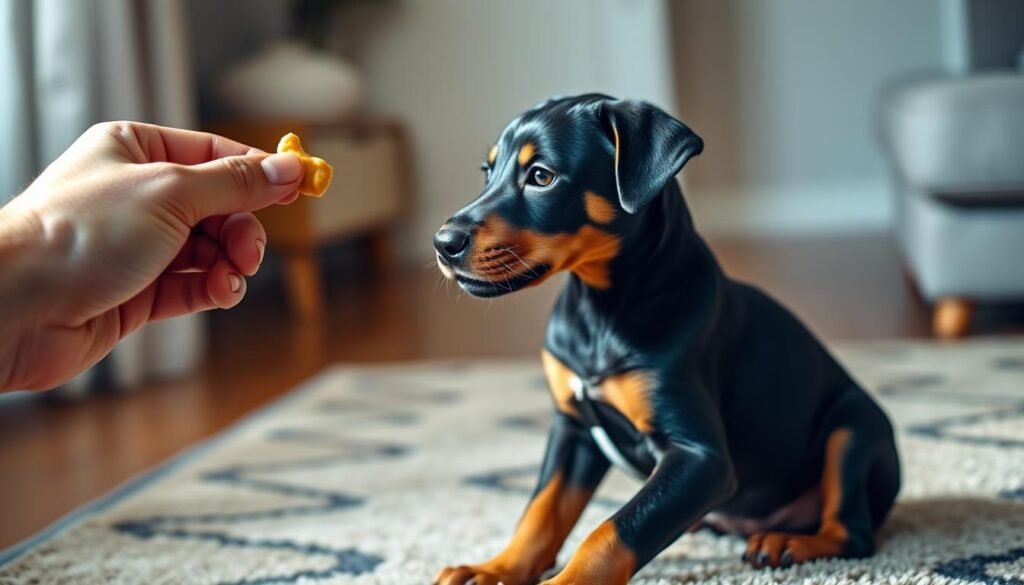 A young Doberman puppy sitting attentively, its alert gaze fixed on a human hand holding a treat. The puppy's lean, muscular frame is bathed in soft, natural lighting, highlighting the sleek black and tan coat. The background is a cozy, domestic setting, with a plush rug and minimalist decor, creating a peaceful, nurturing atmosphere conducive to training. The scene conveys a sense of trust, cooperation, and the beginnings of a lifelong bond between the puppy and its human companion. A young Doberman puppy sitting attentively, its alert gaze fixed on a human hand holding a treat. The puppy's lean, muscular frame is bathed in soft, natural lighting, highlighting the sleek black and tan coat. The background is a cozy, domestic setting, with a plush rug and minimalist decor, creating a peaceful, nurturing atmosphere conducive to training. The scene conveys a sense of trust, cooperation, and the beginnings of a lifelong bond between the puppy and its human companion.