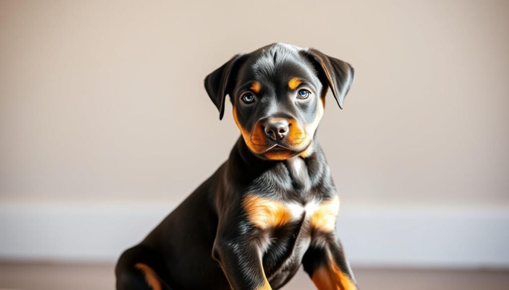 A young Rottweiler-Doberman mix puppy sits attentively, its muscular frame and alert expression conveying its robust and intelligent temperament. Soft natural lighting illuminates the puppy's glossy black coat with distinct tan markings, creating a warm and inviting atmosphere. The puppy's gaze is focused, suggesting its keen senses and trainability. In the background, a neutral, slightly blurred setting allows the viewer to concentrate on the puppy's captivating presence. This image captures the balanced and versatile personality of the Rottweiler-Doberman mix, a breed prized for its loyalty, confidence, and adaptability. A young Rottweiler-Doberman mix puppy sits attentively, its muscular frame and alert expression conveying its robust and intelligent temperament. Soft natural lighting illuminates the puppy's glossy black coat with distinct tan markings, creating a warm and inviting atmosphere. The puppy's gaze is focused, suggesting its keen senses and trainability. In the background, a neutral, slightly blurred setting allows the viewer to concentrate on the puppy's captivating presence. This image captures the balanced and versatile personality of the Rottweiler-Doberman mix, a breed prized for its loyalty, confidence, and adaptability.