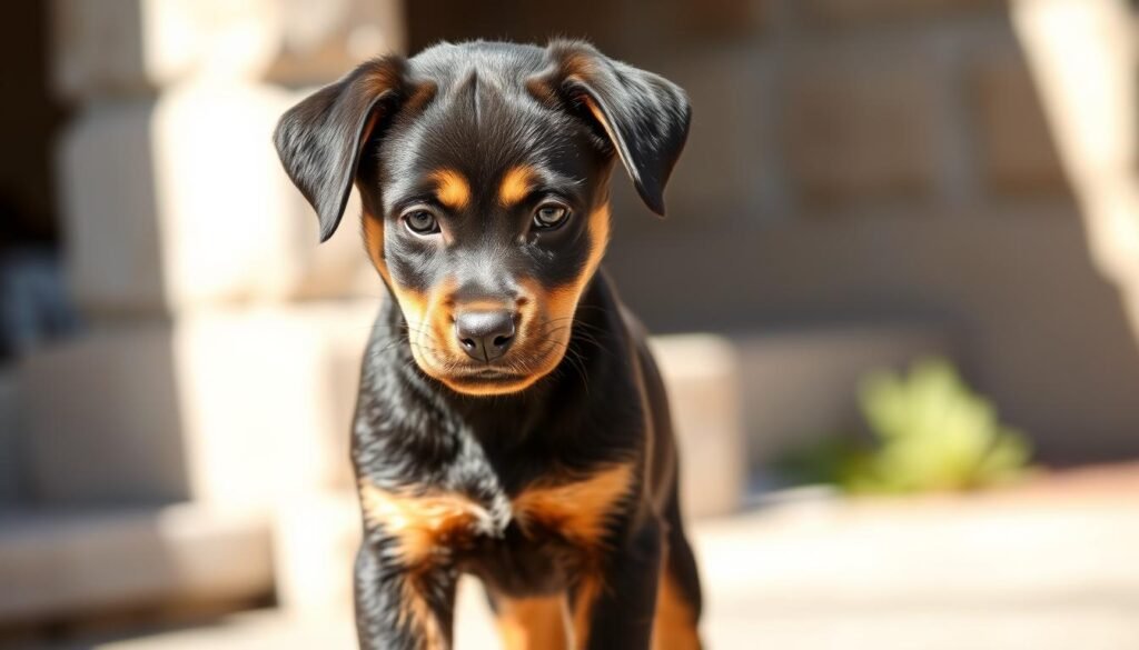 A young, energetic rottweiler-doberman mix puppy, standing in a warm, sunny setting. Its coat is a distinctive combination of the rottweiler's black and tan markings and the doberman's sleek, short fur. The puppy's muscular build and alert expression capture its inherent strength and intelligence. Soft, diffused lighting highlights the puppy's vibrant eyes and the subtle tones of its coat, creating a captivating and natural-looking image. The background is slightly blurred, placing the focus entirely on the puppy's striking physical features. A young, energetic rottweiler-doberman mix puppy, standing in a warm, sunny setting. Its coat is a distinctive combination of the rottweiler's black and tan markings and the doberman's sleek, short fur. The puppy's muscular build and alert expression capture its inherent strength and intelligence. Soft, diffused lighting highlights the puppy's vibrant eyes and the subtle tones of its coat, creating a captivating and natural-looking image. The background is slightly blurred, placing the focus entirely on the puppy's striking physical features.