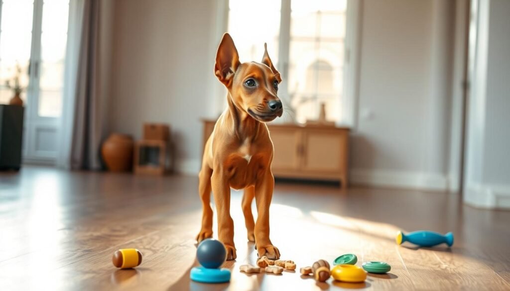 A young fawn Doberman puppy stands attentively, its sleek coat gleaming in soft, natural lighting. The puppy's alert gaze and perked ears suggest a keen intelligence, ready to learn. In the foreground, training toys and treats lie scattered, hinting at the positive reinforcement techniques used. The middle ground shows a spacious, hardwood-floored room with minimalist decor, creating a calm, focused atmosphere for the training session. Expansive windows in the background allow warm, diffused sunlight to fill the space, evoking a serene, nurturing environment perfect for building the bond between the Doberman and its trainer. A young fawn Doberman puppy stands attentively, its sleek coat gleaming in soft, natural lighting. The puppy's alert gaze and perked ears suggest a keen intelligence, ready to learn. In the foreground, training toys and treats lie scattered, hinting at the positive reinforcement techniques used. The middle ground shows a spacious, hardwood-floored room with minimalist decor, creating a calm, focused atmosphere for the training session. Expansive windows in the background allow warm, diffused sunlight to fill the space, evoking a serene, nurturing environment perfect for building the bond between the Doberman and its trainer.