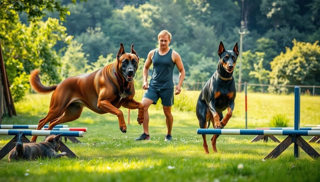 Alsatian Doberman Cross Training: A Powerful Duo in Action A majestic Alsatian and a sleek Doberman, their muscles rippling, engage in an intense training session. In the foreground, the dogs expertly navigate obstacle courses, their movements fluid and graceful. Beams of sunlight filter through the trees, casting a warm glow and highlighting their focused expressions. In the middle ground, their handler, clad in athletic gear, guides them with calm authority, using positive reinforcement techniques. The background features a lush, verdant landscape, creating a serene, natural setting for this dynamic display of canine athleticism and human-animal collaboration. Alsatian Doberman Cross Training: A Powerful Duo in Action A majestic Alsatian and a sleek Doberman, their muscles rippling, engage in an intense training session. In the foreground, the dogs expertly navigate obstacle courses, their movements fluid and graceful. Beams of sunlight filter through the trees, casting a warm glow and highlighting their focused expressions. In the middle ground, their handler, clad in athletic gear, guides them with calm authority, using positive reinforcement techniques. The background features a lush, verdant landscape, creating a serene, natural setting for this dynamic display of canine athleticism and human-animal collaboration.