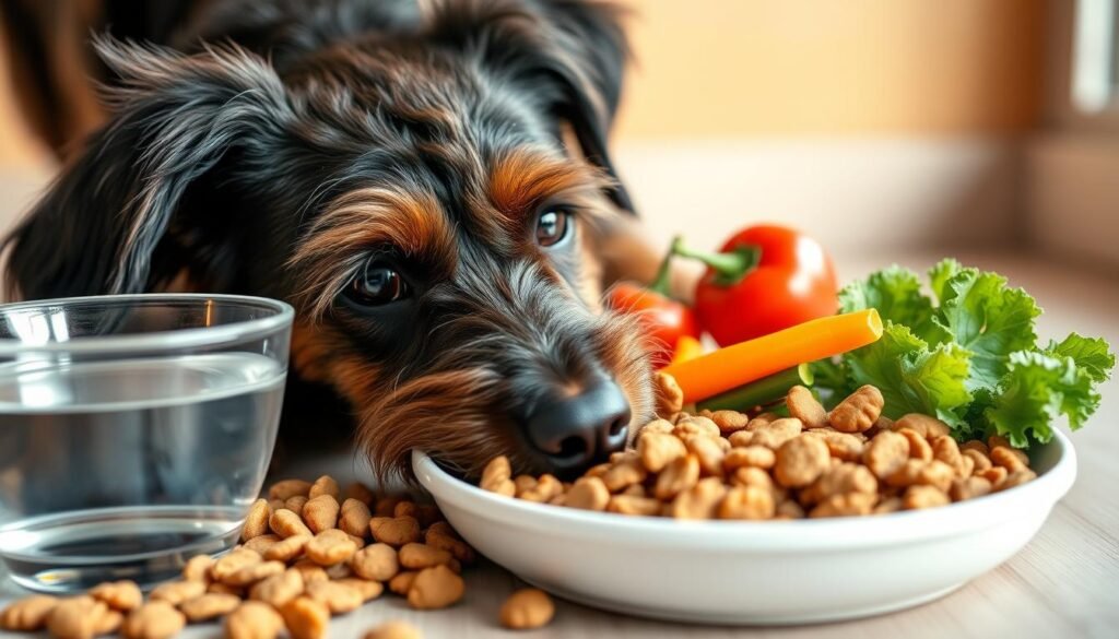 Detailed close-up shot of a healthy Doberman Poodle mix dog's nutritious meal, including high-quality kibble, fresh vegetables, and a bowl of water. The lighting is soft and natural, with a warm, inviting atmosphere. The composition emphasizes the balanced, well-rounded diet, showcasing the importance of proper nutrition for this hybrid breed. The camera angle is slightly elevated to provide a clear, unobstructed view of the meal, highlighting the appealing colors and textures of the food items.