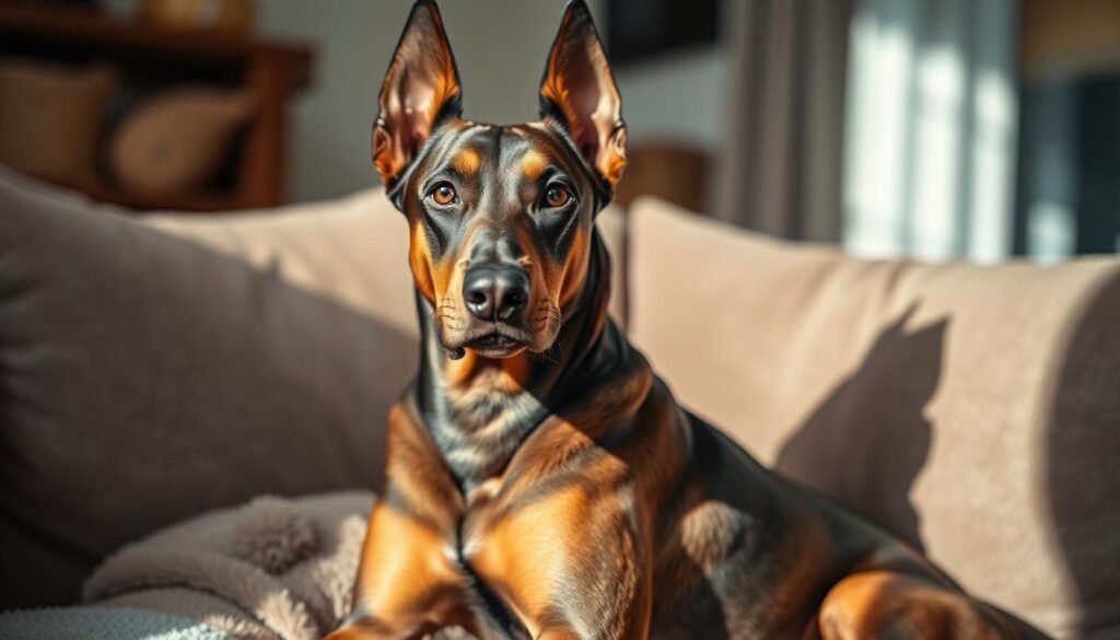 Doberman Alsation cross dog, sitting calmly in a well-lit, cozy home setting. Focused, intelligent gaze, alert posture. Fur coat in shades of brown, black, and tan, with a muscular, athletic build. Detailed facial features, including a strong jaw and pointed ears. The dog is surrounded by plush furnishings, creating a warm, inviting atmosphere. Soft, natural lighting gently illuminates the scene, highlighting the dog's regal presence. The overall composition conveys a sense of harmony and the dog's potential health and well-being.