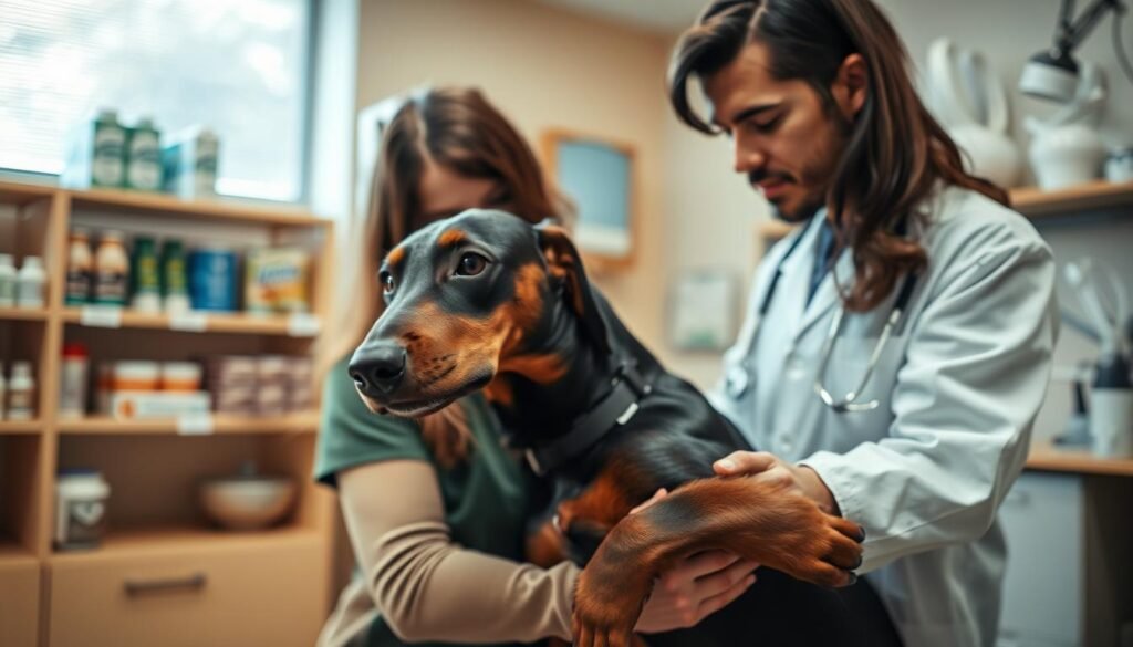 Doberman veterinary care: A warm, well-lit examination room with modern medical equipment. In the foreground, a concerned Doberman owner gently holds their dog, who is being examined by an attentive veterinarian. The vet's calm, professional demeanor inspires confidence, while the owner's expression conveys the care and attention required for this breed. The middle ground features shelves stocked with pet supplies, suggesting the comprehensive care available. The background depicts a soothing, natural-themed decor, creating a comforting atmosphere for the dog and its owner. Soft, diffused lighting casts a gentle glow, capturing the importance of responsible Doberman ownership and the specialized veterinary services required.