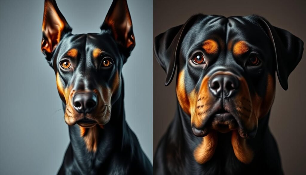 Dramatic side-by-side portrait of a Doberman and a Rottweiler, both gazing intensely at the camera. The Doberman has a sleek, muscular build, alert ears, and a piercing stare, conveying a sense of intelligence and agility. The Rottweiler, in contrast, has a stockier frame, a broad head, and a confident, unwavering gaze, exuding an aura of strength and resilience. Soft, dramatic lighting illuminates the dogs' features, emphasizing the contrast in their temperaments. The background is subtly blurred, keeping the focus on the two breeds and their distinct personalities.