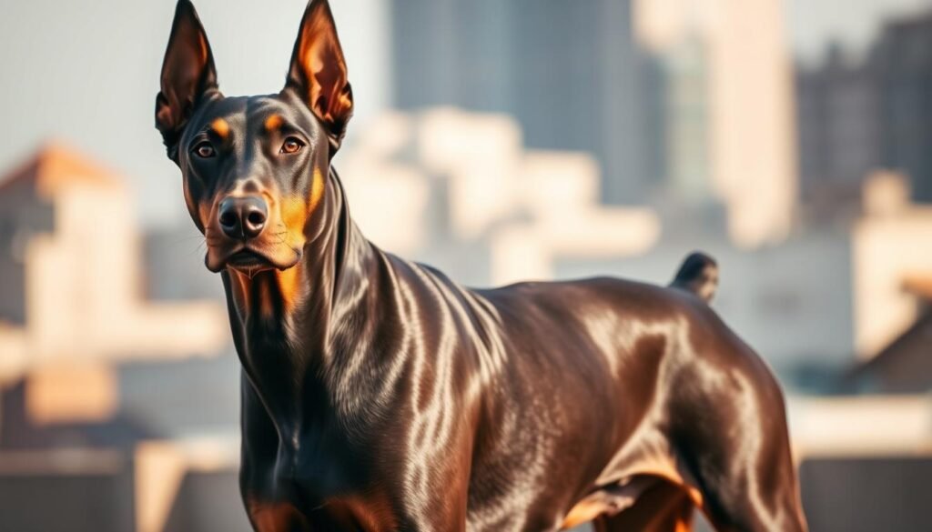 Elegant, muscular Doberman Pinscher standing proud, its classic black and tan coat glistening in the warm sunlight. The dog's triangular head, perked ears, and alert gaze command attention, radiating intelligence and strength. In the background, a blurred urban landscape, hinting at the breed's loyal and protective nature. The scene is captured with a shallow depth of field, emphasizing the Doberman's powerful physique and regal bearing. Soft, diffused lighting accentuates the breed's sleek silhouette and the rich colors of its fur, creating a timeless, refined portrait. Elegant, muscular Doberman Pinscher standing proud, its classic black and tan coat glistening in the warm sunlight. The dog's triangular head, perked ears, and alert gaze command attention, radiating intelligence and strength. In the background, a blurred urban landscape, hinting at the breed's loyal and protective nature. The scene is captured with a shallow depth of field, emphasizing the Doberman's powerful physique and regal bearing. Soft, diffused lighting accentuates the breed's sleek silhouette and the rich colors of its fur, creating a timeless, refined portrait.