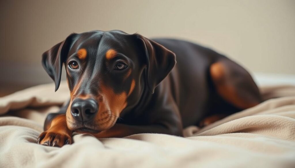 Labrador Retriever and Doberman Pinscher mix dog resting on a soft, beige blanket. The dog has a lean, muscular build with a short, sleek coat. The lighting is soft and warm, highlighting the dog's intelligent expression and gentle demeanor. The background is blurred, placing the focus on the dog's features and physical traits, conveying a sense of calm and serenity. The camera angle is slightly elevated, creating a sense of approachability and connection with the viewer. The image captures the friendly, loyal nature of this hybrid breed while subtly suggesting the health considerations that should be taken into account when owning a Labrador Mix Doberman.