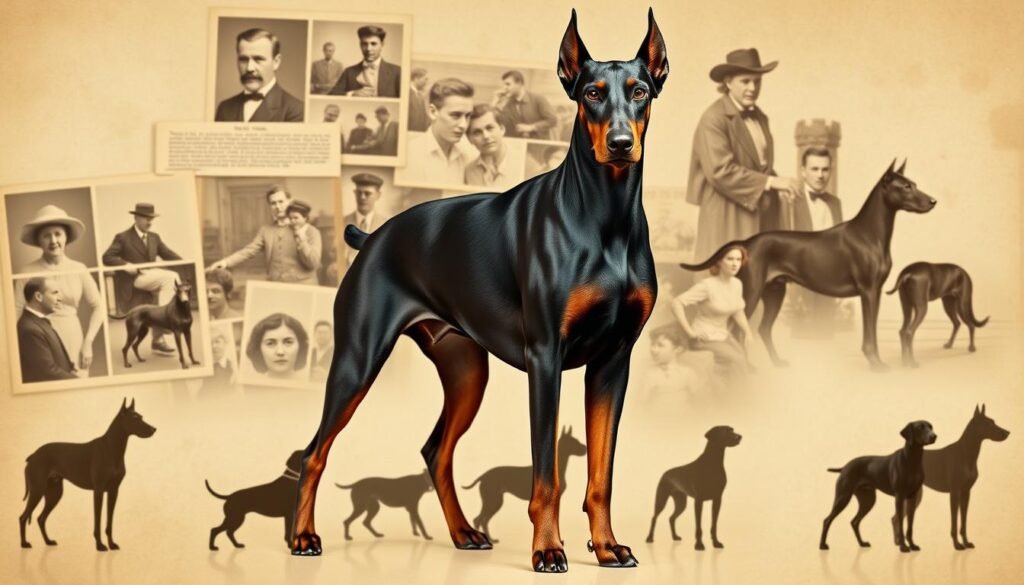 Prompt A captivating historical montage of the iconic Doberman Pinscher breed. In the foreground, a majestic Doberman stands tall, its powerful muscles and chiseled features meticulously rendered. Behind it, a collage of vintage photographs and illustrations showcases the breed's origins, from its early development in the late 19th century to its rise in popularity as a loyal companion and guard dog. The middle ground features silhouettes of Dobermans in various poses, hinting at their versatility and adaptability. In the background, a sepia-toned backdrop evokes a sense of timelessness, with subtle hints of the breed's enduring legacy. The overall composition is dramatic and atmospheric, capturing the essence of the Doberman Pinscher's storied past. Prompt A captivating historical montage of the iconic Doberman Pinscher breed. In the foreground, a majestic Doberman stands tall, its powerful muscles and chiseled features meticulously rendered. Behind it, a collage of vintage photographs and illustrations showcases the breed's origins, from its early development in the late 19th century to its rise in popularity as a loyal companion and guard dog. The middle ground features silhouettes of Dobermans in various poses, hinting at their versatility and adaptability. In the background, a sepia-toned backdrop evokes a sense of timelessness, with subtle hints of the breed's enduring legacy. The overall composition is dramatic and atmospheric, capturing the essence of the Doberman Pinscher's storied past.