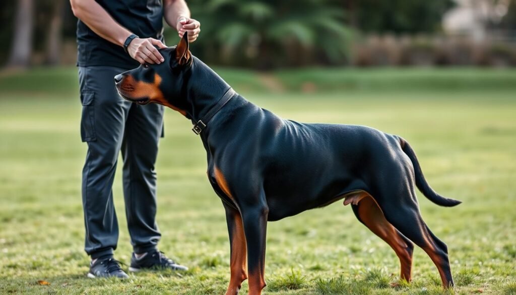 Prompt A muscular Rottweiler Doberman mix dog standing obediently, focused on its trainer's commands. The dog's powerful build, defined muscles, and alert gaze convey its strength and trainability. The trainer, dressed in athletic gear, uses hand signals and treats to guide the dog through various obedience exercises in a well-lit, grassy outdoor setting. Soft, diffused lighting highlights the dog's glossy black and tan coat, creating a sense of depth and dimensionality. The scene radiates a harmonious atmosphere of trust, discipline, and the bond between the dog and its handler. Prompt A muscular Rottweiler Doberman mix dog standing obediently, focused on its trainer's commands. The dog's powerful build, defined muscles, and alert gaze convey its strength and trainability. The trainer, dressed in athletic gear, uses hand signals and treats to guide the dog through various obedience exercises in a well-lit, grassy outdoor setting. Soft, diffused lighting highlights the dog's glossy black and tan coat, creating a sense of depth and dimensionality. The scene radiates a harmonious atmosphere of trust, discipline, and the bond between the dog and its handler.