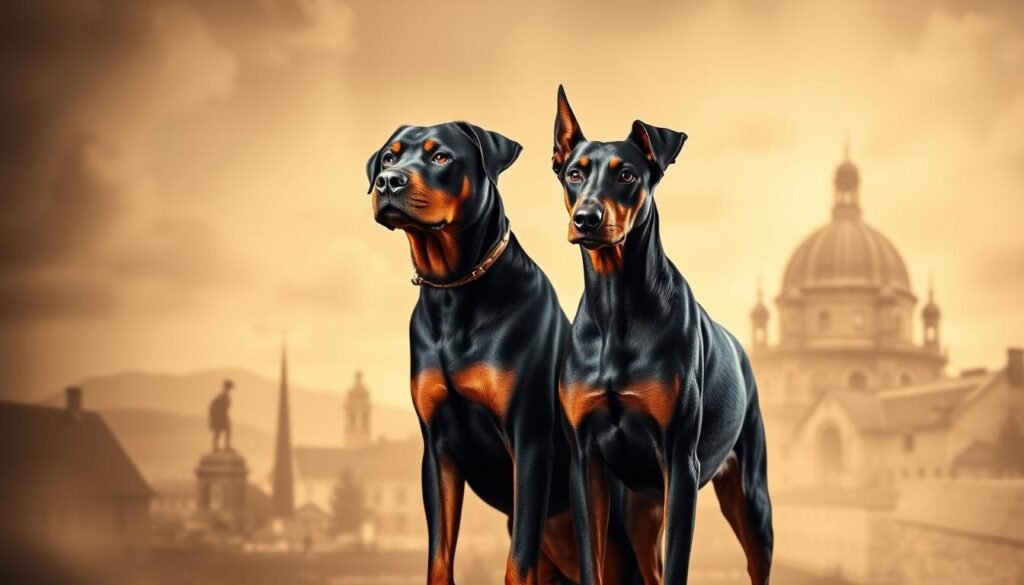 Rottweiler and Doberman Pinscher, two iconic breeds, stand side-by-side in a timeless pose. In the foreground, their muscular frames and alert expressions convey a sense of strength and intelligence. The middle ground features a historical backdrop, with silhouettes of 19th-century German landscapes and architecture, hinting at the breeds' origins. Soft, warm lighting casts a sepia-toned glow, evoking a nostalgic atmosphere. The composition is balanced, with the two dogs occupying the center, surrounded by a subtly blurred, yet detailed, environment that echoes the breeds' shared history and heritage. The overall scene captures the essence of the Rottweiler and Doberman Pinscher, blending their individual characteristics and the narrative of their intertwined past.