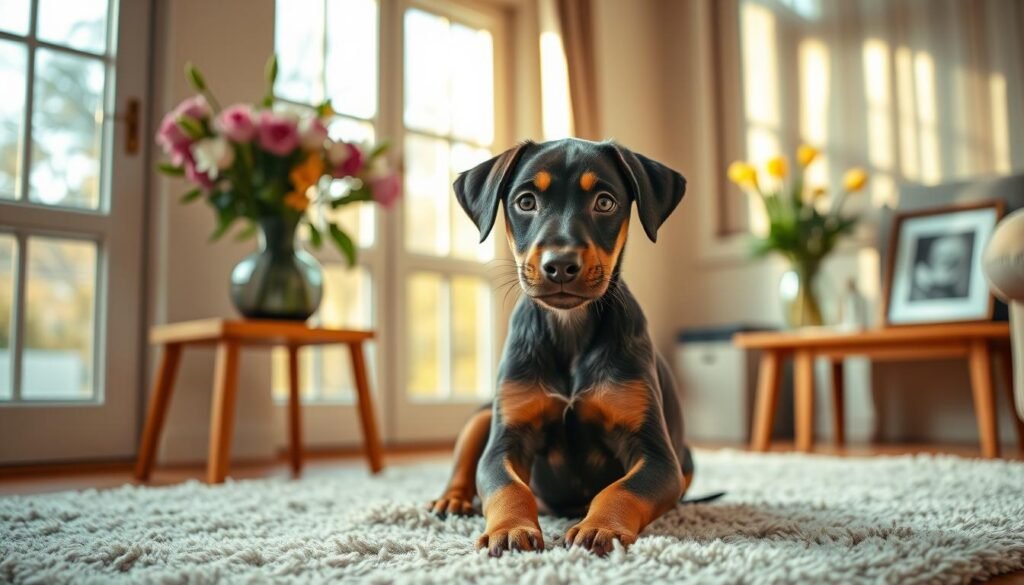 a doberman pup with lab-like features, sitting on a plush rug in a cozy home interior, with warm natural lighting filtering through large windows. the pup has a curious, alert expression, gazing at the viewer. the scene is detailed, with a vase of fresh flowers, a wooden end table, and a framed photograph visible in the background. the overall mood is one of domestic tranquility, highlighting the pup's health and well-being in a comfortable, nurturing environment.