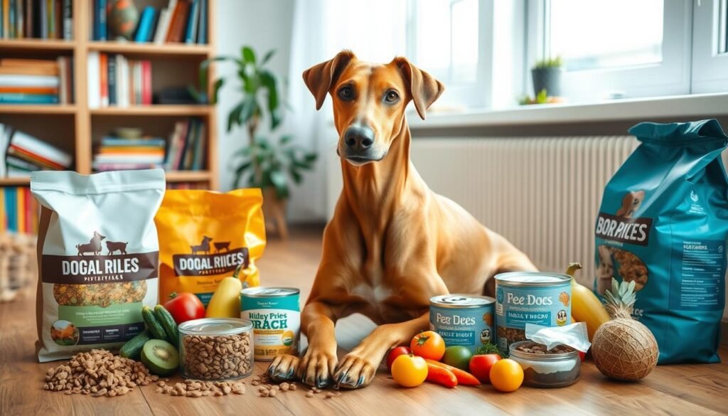 a fawn doberman dog sitting on a wooden floor, surrounded by various healthy dog food options such as kibble, canned wet food, and fresh fruits and vegetables. The dog has a calm, gentle expression and is framed in natural lighting from a nearby window. The scene evokes a sense of balance and care in the dog's diet and nutrition. In the background, there is a bookshelf filled with dog-related books and a potted plant, creating a cozy and inviting atmosphere. a fawn doberman dog sitting on a wooden floor, surrounded by various healthy dog food options such as kibble, canned wet food, and fresh fruits and vegetables. The dog has a calm, gentle expression and is framed in natural lighting from a nearby window. The scene evokes a sense of balance and care in the dog's diet and nutrition. In the background, there is a bookshelf filled with dog-related books and a potted plant, creating a cozy and inviting atmosphere.