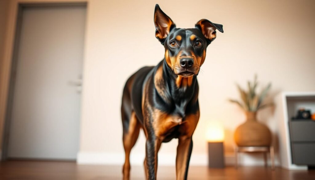 a medium-sized dog with a muscular build and a distinctive facial features, standing in a cozy indoor setting with warm lighting, showcasing its attentive and alert nature. The dog has a short, sleek coat with a mix of colors including black, tan, and brown, typical of an Alsatian Doberman cross. The background features a simple, minimalist design with soft, neutral tones that complement the dog's features, creating a calm and inviting atmosphere. The camera angle is positioned at eye level, capturing the dog's expressive eyes and friendly demeanor, giving the viewer a sense of connection with the subject. a medium-sized dog with a muscular build and a distinctive facial features, standing in a cozy indoor setting with warm lighting, showcasing its attentive and alert nature. The dog has a short, sleek coat with a mix of colors including black, tan, and brown, typical of an Alsatian Doberman cross. The background features a simple, minimalist design with soft, neutral tones that complement the dog's features, creating a calm and inviting atmosphere. The camera angle is positioned at eye level, capturing the dog's expressive eyes and friendly demeanor, giving the viewer a sense of connection with the subject.
