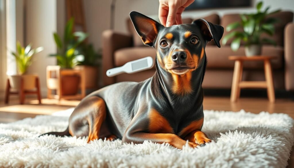 A Doberman-Chihuahua mix sitting calmly on a soft, plush rug, its coarse and shiny coat being gently brushed by a human hand in the warm, natural lighting of a cozy living room. The dog's alert, yet affectionate expression conveys its content as the grooming session progresses. In the background, a few well-placed houseplants add a touch of greenery, complementing the serene atmosphere. A Doberman-Chihuahua mix sitting calmly on a soft, plush rug, its coarse and shiny coat being gently brushed by a human hand in the warm, natural lighting of a cozy living room. The dog's alert, yet affectionate expression conveys its content as the grooming session progresses. In the background, a few well-placed houseplants add a touch of greenery, complementing the serene atmosphere.