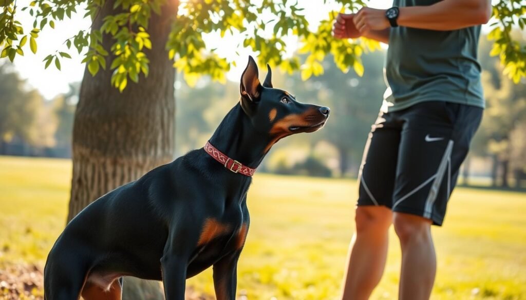 A Doberman Husky mix, its sleek black coat and pointed ears signifying its heritage, stands attentively as its trainer, dressed in casual athletic wear, guides it through agility exercises. The dog's keen gaze is fixed on its owner, muscles tensed, ready to spring into action at the next command. Sunlight filters through the leaves of a nearby tree, casting a warm, natural glow over the scene. The background is a grassy field, with a few distant trees providing a sense of depth and tranquility. The overall atmosphere conveys a harmonious balance between the dog's strength, intelligence, and the trainer's expertise, hinting at the successful training to come. A Doberman Husky mix, its sleek black coat and pointed ears signifying its heritage, stands attentively as its trainer, dressed in casual athletic wear, guides it through agility exercises. The dog's keen gaze is fixed on its owner, muscles tensed, ready to spring into action at the next command. Sunlight filters through the leaves of a nearby tree, casting a warm, natural glow over the scene. The background is a grassy field, with a few distant trees providing a sense of depth and tranquility. The overall atmosphere conveys a harmonious balance between the dog's strength, intelligence, and the trainer's expertise, hinting at the successful training to come.
