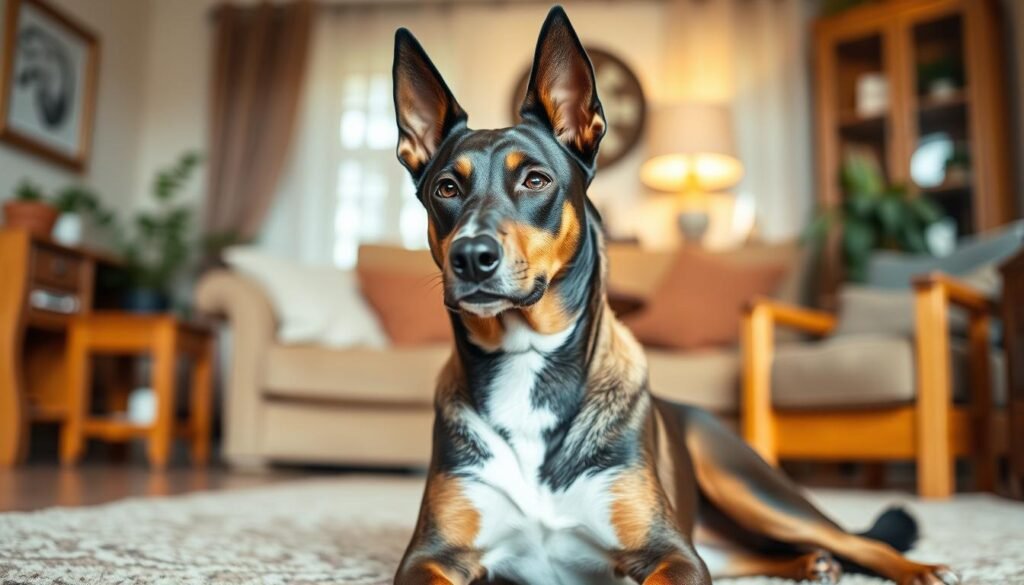A Doberman Husky mix sitting peacefully in a cozy, well-lit home. The dog has a sleek, muscular build with a mix of Doberman and Husky features - pointed ears, a long snout, and a thick, lush coat. Soft, diffused lighting illuminates the dog's alert expression and healthy, shiny coat. The background is a warm, inviting living room with wooden furniture and houseplants, conveying a sense of comfort and domesticity. The overall mood is calm, friendly, and indicative of a well-cared-for, family-friendly companion animal. A Doberman Husky mix sitting peacefully in a cozy, well-lit home. The dog has a sleek, muscular build with a mix of Doberman and Husky features - pointed ears, a long snout, and a thick, lush coat. Soft, diffused lighting illuminates the dog's alert expression and healthy, shiny coat. The background is a warm, inviting living room with wooden furniture and houseplants, conveying a sense of comfort and domesticity. The overall mood is calm, friendly, and indicative of a well-cared-for, family-friendly companion animal.