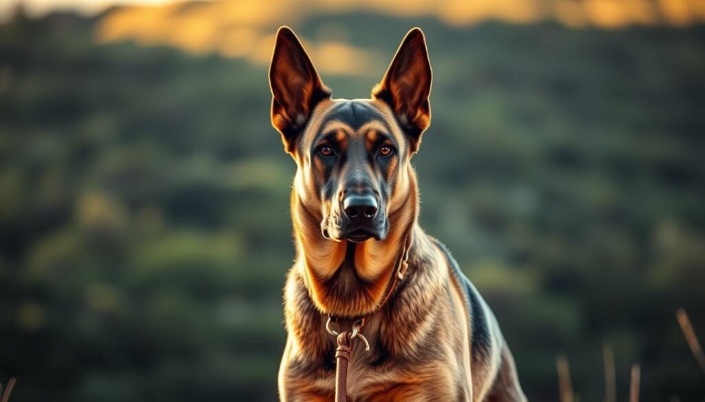 A German Shepherd Doberman mix in a natural setting, showcasing its unique temperament and personality. A powerful, alert canine with a muscular build, standing tall and attentive, its gaze intense and focused. The lighting is warm and golden, casting a soft glow that accentuates the animal's striking features - its chiseled head, pointed ears, and sleek coat. The background is a lush, verdant landscape, hinting at the breed's versatility and adaptability. The overall mood is one of confidence, intelligence, and a touch of nobility, capturing the essence of this remarkable cross-breed.