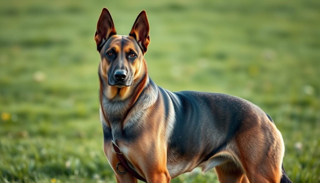 A German Shepherd Doberman mix standing proudly in a well-lit, natural setting. Its muscular build and alert posture convey a sense of confidence and intelligence. The dog's keen eyes and attentive expression suggest a vigilant, yet approachable temperament. Soft, warm lighting illuminates the animal's sleek, dual-toned coat, highlighting the blend of Shepherd and Doberman features. The background is a serene, grassy meadow, creating a calm, peaceful atmosphere that complements the dog's poised and balanced demeanor.