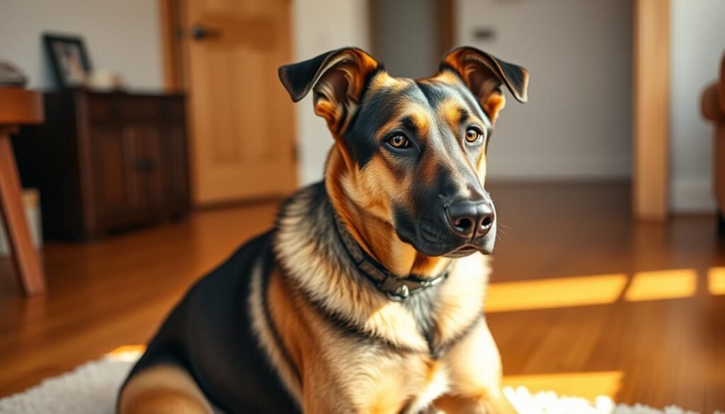 A German shepherd and Doberman mix dog, sitting in a warm, natural lighting, captured in a medium close-up shot. The dog's alert expression and muscular build convey its attentive and protective nature. The background is a cozy, domestic setting, with wooden floors and a soft, neutral-toned rug, creating a comfortable and inviting atmosphere. The image radiates a sense of care, companionship, and the special bond between the mix breed and its owner.