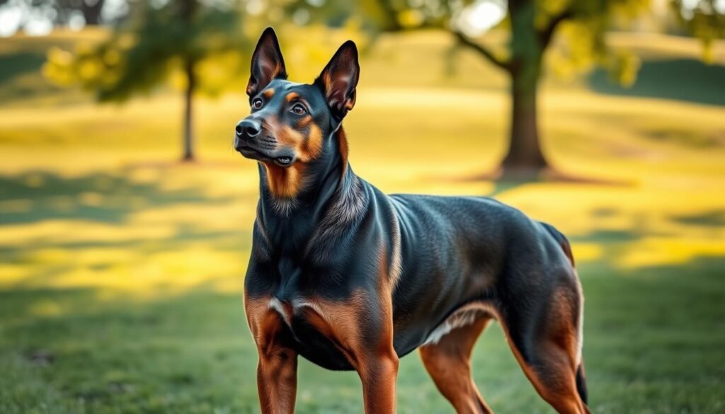 A German shepherd doberman mix dog, muscular and alert, standing in a spacious outdoor setting. The dog's attentive gaze and powerful stance convey its energetic nature. The mid-afternoon sun casts warm, diffused lighting, highlighting the dog's sleek, short fur in shades of black, tan, and copper. The background features a well-manicured lawn, with a few trees providing dappled shadows. The overall scene emphasizes the mix breed's impressive exercise needs and active lifestyle.