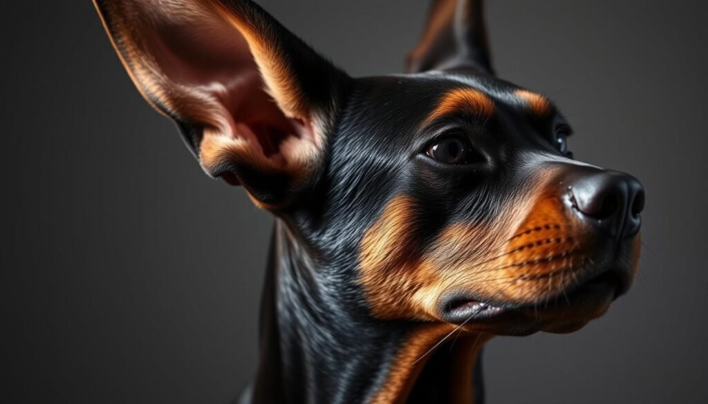 A close-up portrait of a Doberman pinscher's head, showcasing the intricate structure and genetics of the ear. The image is lit with soft, directional lighting from the side, accentuating the contours and textures of the ear. The perspective is slightly angled, providing a detailed view of the ear's shape, cartilage, and folds. The background is blurred, keeping the focus on the subject's ear. The overall mood is one of scientific curiosity and appreciation for the breed's unique anatomical features. The image aims to illustrate the reasons why Doberman ears may be floppy, highlighting the underlying genetics and physical structure. A close-up portrait of a Doberman pinscher's head, showcasing the intricate structure and genetics of the ear. The image is lit with soft, directional lighting from the side, accentuating the contours and textures of the ear. The perspective is slightly angled, providing a detailed view of the ear's shape, cartilage, and folds. The background is blurred, keeping the focus on the subject's ear. The overall mood is one of scientific curiosity and appreciation for the breed's unique anatomical features. The image aims to illustrate the reasons why Doberman ears may be floppy, highlighting the underlying genetics and physical structure.