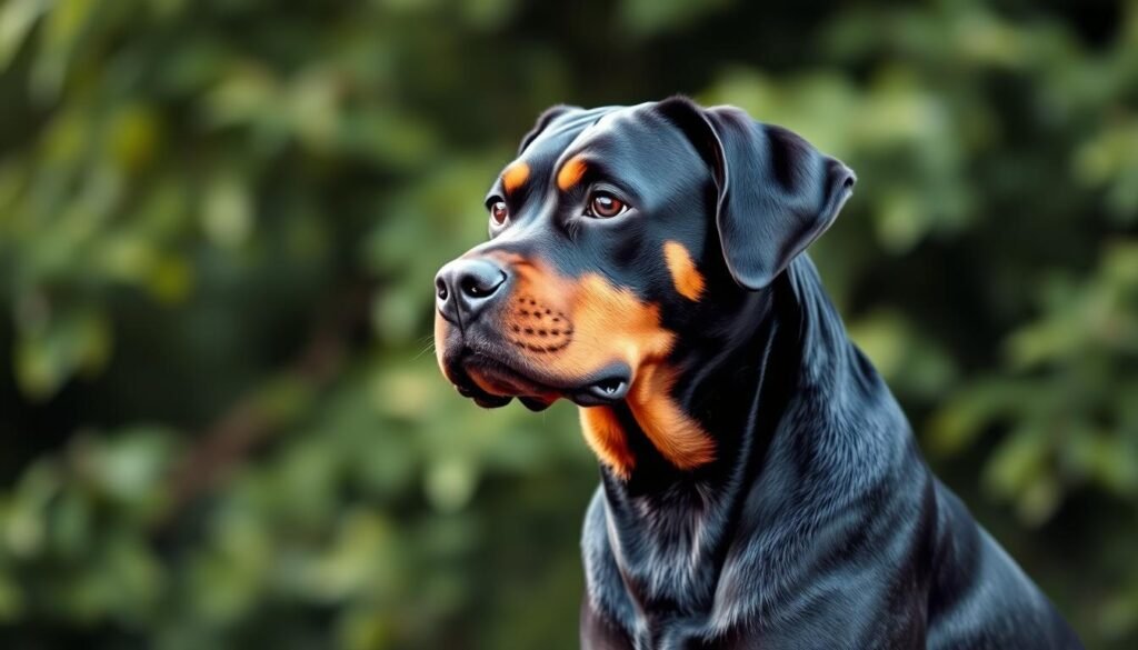 A close-up portrait of a well-muscled Rottweiler Doberman mix dog, sitting attentively against a softly blurred natural backdrop of lush greenery. The dog's coat is a sleek, shiny black with tan markings, and its intelligent eyes convey a sense of alert curiosity. Soft, diffuse lighting from the side creates depth and highlights the dog's defined features, such as its strong jawline and powerful shoulders. The composition is balanced, with the dog positioned slightly off-center, allowing for negative space to draw the viewer's attention to the subject. The overall mood is one of tranquility and strength, reflecting the unique nutritional needs of this mixed breed canine.