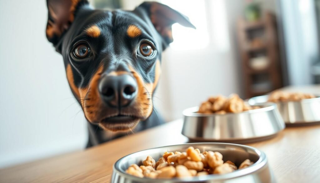A close-up shot of a Doberman-Chihuahua mix dog's face, its expressive eyes and furrowed brow conveying curiosity. The dog's coat has a smooth, sleek texture, with a mix of the Doberman's short hair and the Chihuahua's soft fur. In the background, high-quality pet food bowls filled with a balanced, nutritious meal sit on a clean, wooden surface, illuminated by natural light streaming in from a window. The overall scene radiates a sense of care and attention to the unique dietary needs of this distinctive hybrid breed. A close-up shot of a Doberman-Chihuahua mix dog's face, its expressive eyes and furrowed brow conveying curiosity. The dog's coat has a smooth, sleek texture, with a mix of the Doberman's short hair and the Chihuahua's soft fur. In the background, high-quality pet food bowls filled with a balanced, nutritious meal sit on a clean, wooden surface, illuminated by natural light streaming in from a window. The overall scene radiates a sense of care and attention to the unique dietary needs of this distinctive hybrid breed.