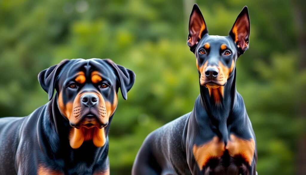A detailed, high-resolution image of two dogs, a Rottweiler and a Doberman Pinscher, standing side-by-side and facing the viewer. The dogs are in a well-lit, natural setting with a blurred, lush green background. The Rottweiler has a sturdy, muscular build with a black and tan coat, while the Doberman has a sleek, athletic frame with a black and tan coat. Both dogs have alert, attentive expressions, conveying a sense of health and vitality. The lighting is soft and flattering, highlighting the dogs' features and textures. The composition places the dogs at the center, allowing the viewer to focus on their distinctive characteristics and potential health concerns.