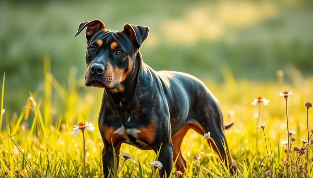 A fierce yet playful Pitbull Doberman Mix stands proudly in a sun-dappled meadow, its muscular frame and alert gaze radiating a captivating blend of strength and gentleness. The dog's short, shiny coat in a mottled pattern of black and tan glistens as it cocks its head, its expressive eyes conveying a keen intelligence and loyal temperament. The scene is framed by verdant grasses and wildflowers, creating a serene, natural setting that highlights the hybrid's harmonious coexistence with its environment. Soft, warm lighting filters through the scene, lending an air of tranquility and approachability to the powerful canine. This Pitbull Doberman Mix embodies the ideal balance of protective instincts and affectionate companionship.