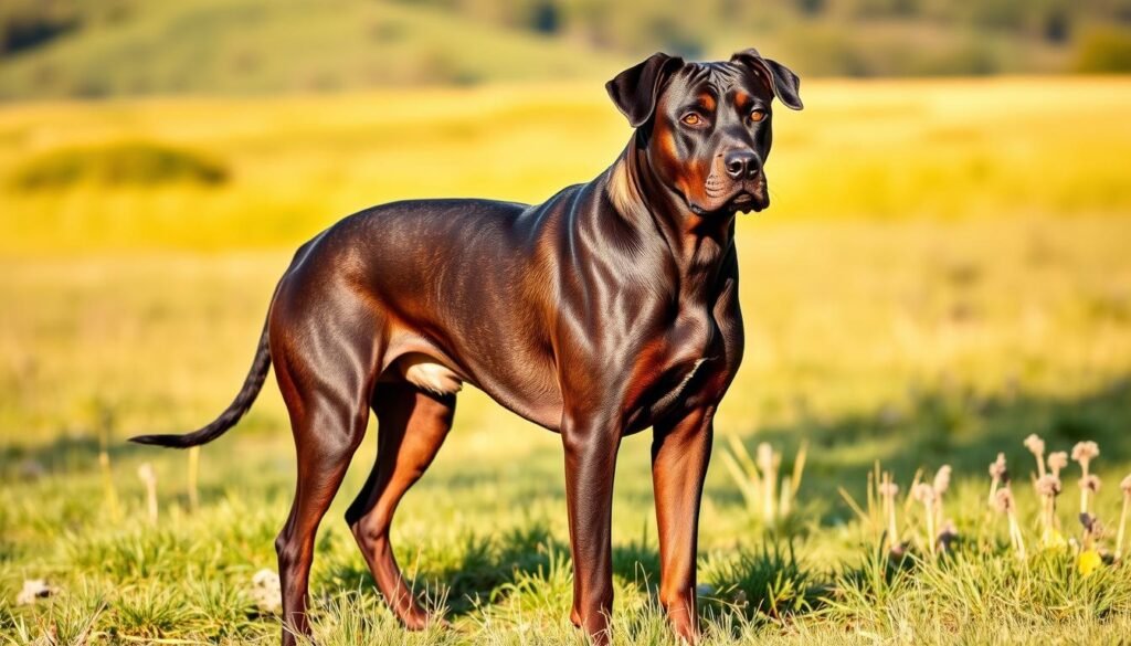 A majestic Cane Corso Doberman mix stands in a sunlit field, its muscular physique and alert gaze commanding attention. In the foreground, the dog's thick coat and well-proportioned frame are captured in vivid detail, while the background features a lush, verdant landscape bathed in warm, golden light. The dog's powerful yet graceful movements suggest both strength and agility, hinting at the potential health concerns inherent in this breed mix. The image conveys a sense of the Cane Corso Doberman mix's impressive physical capabilities, as well as the need for careful consideration of its unique health needs.