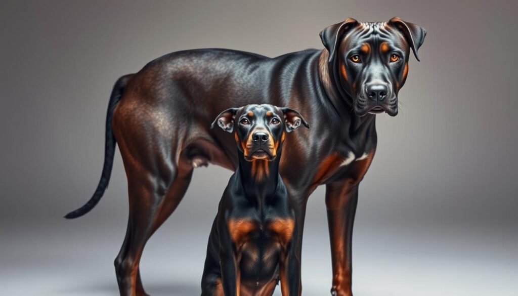 A majestic Cane Corso Doberman mix stands tall, its powerful frame and alert gaze commanding attention. The dog's musculature ripples beneath a sleek, glossy coat, a testament to its strength and vitality. Piercing eyes, one dark and one light, convey a complex mix of loyalty, intelligence, and a hint of wariness. In the middle ground, the dog's broad chest and sturdy legs suggest a balanced blend of the Cane Corso's solidity and the Doberman's agility. The background fades into a softly lit, neutral setting, allowing the subject to take center stage and reveal its captivating temperament - a harmonious fusion of the Cane Corso's protective instincts and the Doberman's affectionate nature.